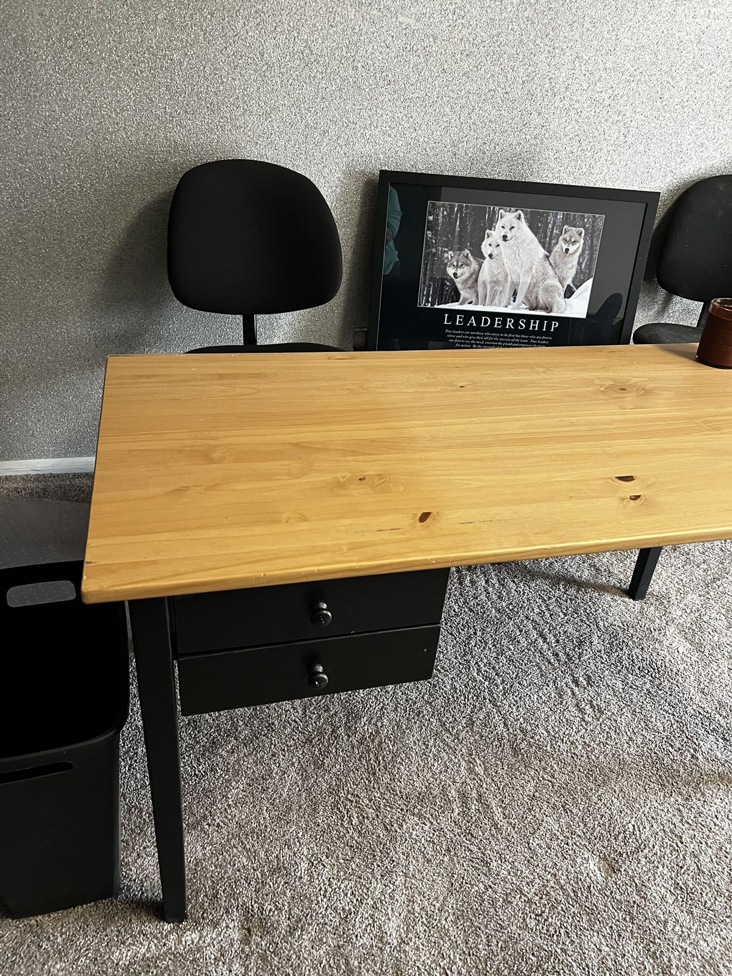 Natural Wood &Black Large Desk W/ 2 drawers