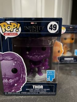 Art Series Funko’s Thor, Hawkeye, and  Hulk. 
