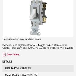 9 x Switches and Lighting Controls, Toggle Switch, Commercial Grade, Three Way, 15A 120/277V AC, Back and Side Wired, White