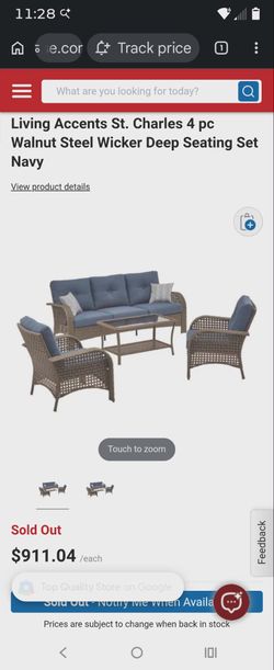 Living Accents St. Charles 4 pc Walnut Steel Wicker Deep Seating Set Navy