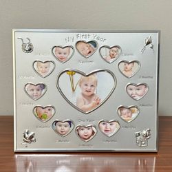 Concepts In Time My First Year 10 x 12 Metal Silver Baby Photo Frame With 13 Heart Openings Gift Decor