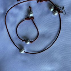 Brown Leather Choker ,Bracelet and Earrings 