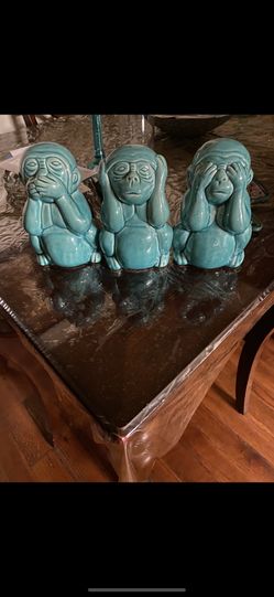 Ceramic Monkey No Evil Assortment Of Three Aquamarine