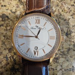  Lucien Piccard Men's Clariden watch, model 11576-02S With Brown Leather Band, Gold Face And White Dial