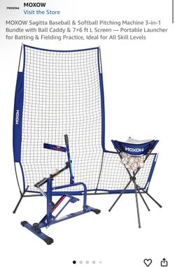 MOXOW Sagitta Baseball & Softball Pitching Machine 3-in-1 Bundle with Ball Caddy & 7×6 ft L Screen — Portable Launcher for Batting & Fielding Practice