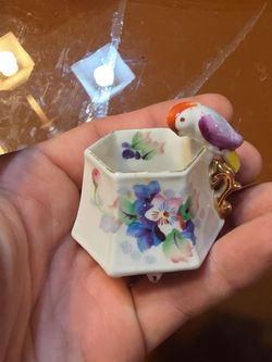 Miniature M Japan Porcelain Teacup - Bird on Rim - 2" Hex Floral