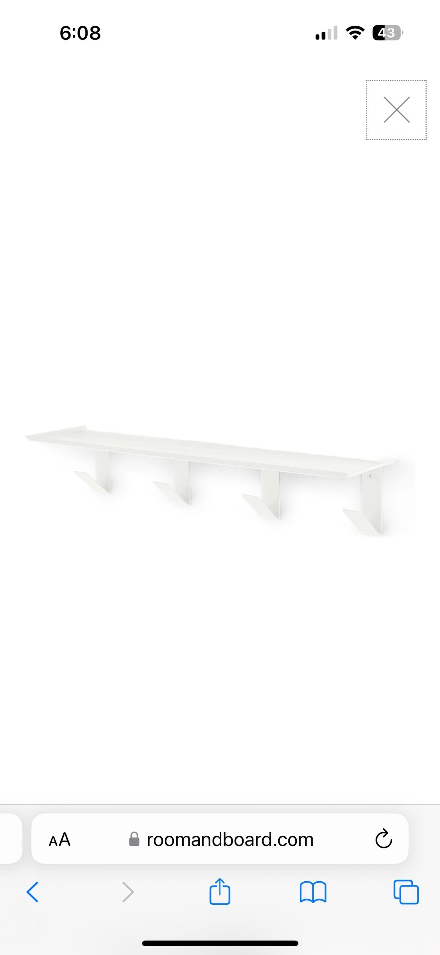 Room&Board Bend Wall Shelf with Hooks - White