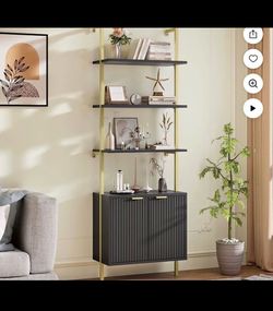 New in its box VEANERWOOD Fluted 5-Tier 71"H Industrial Bookshelf with Storage Cabinet & Sturdy Metal Frame,Narrow Bookcase for Living Room,Bedroom,Ho