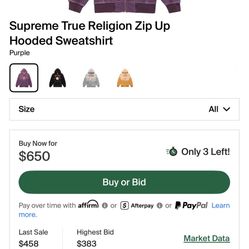 Supreme Collaboration w/ True Religion Purple Zip up hooded sweatshirt Limited edition