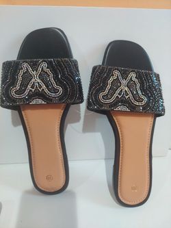Black Rhinestone Flat Slide Sandals Size 39
