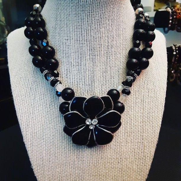 Handcrafted, Black Beaded, Rhinestone, Double Strand Floral Pendant Fashion Necklace