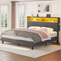 Seventable Queen Size Bed Frame with Charging Station, LED Bed with Upholstered Storage Headboard,
