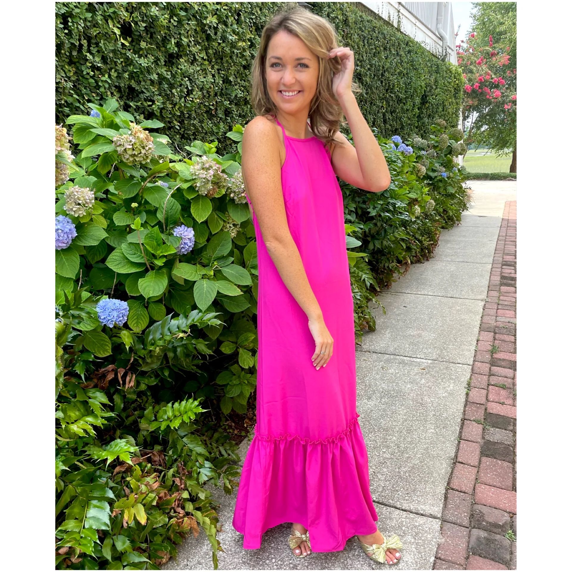 Sheln summer sundress size 0XL straps tie halter neck fuchsia pink flared maxi