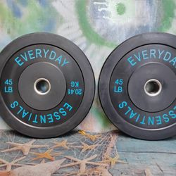 PAIR  OF  NEW  45 LB.  RUBBER  BUMPER  PLATES   •  ALSO HAVE : 55s  35s  33s  15s BUMPERS  • AS WELL AS RUBBER &  STEEL DUMBBELLS  • 5-6-7  FOOT BARS