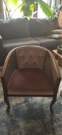 Vintage Wood & Cane Barrel Chair – Upholstered