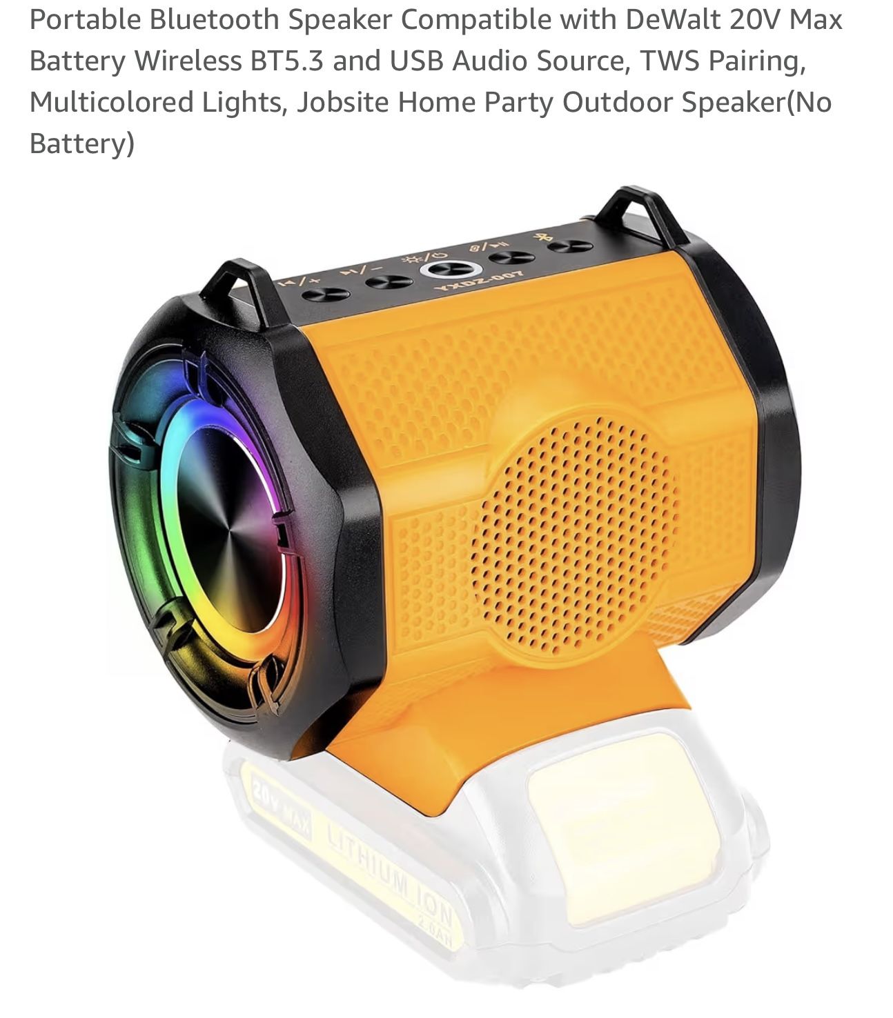 Portable Bluetooth Speaker Compatible with DeWalt 20V Max Battery Wireless BT5.3 and USB Audio Source, TWS Pairing, Multicolored Lights, Jobsite Home