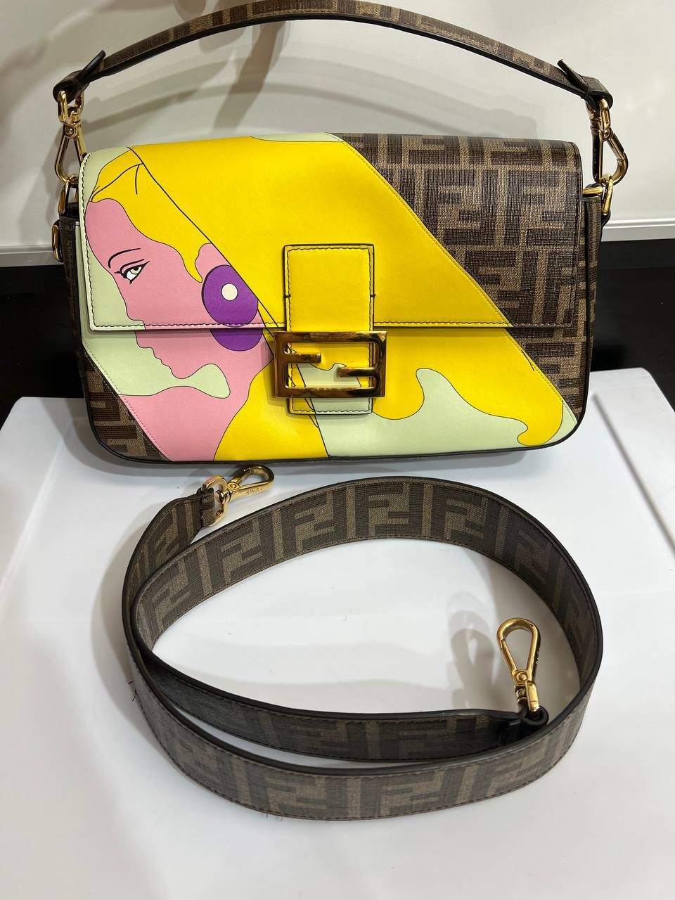 Fendi Antonio Lopez Baguette NM Bag Zucca Coated Canvas with Printed Leather Inl