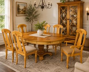 Vintage Country French Dining Set with Matching China Cabinet – Table, 6 Chairs & Lighted Hutch