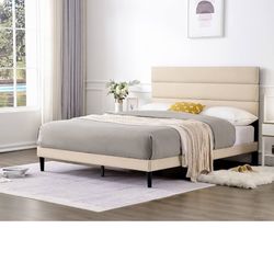 Queen Size Metal Bed Frame with Headboard and Wooden Slats