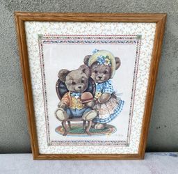 Vtg Don Ashley 3D Framed Teddy Bears Couple Art Print Country Style 22”x18”x1”