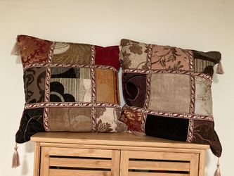 Set of 2 Old World Patchwork Throw Pillows — Burgundy, Brown & Gold with Tassels