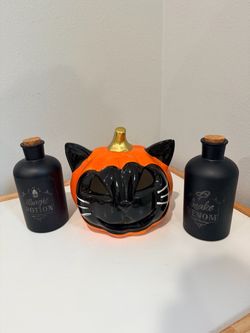 Halloween decor cat jack o lantern and magic potion snake venom jars lights