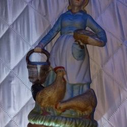 VINTAGE " HOMECO" OLD WOMAN FIGURINE WITH MILK & CHICKENS