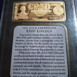 $500 Lincoln 1882 Gold Certificate Layered In 24K Gold 