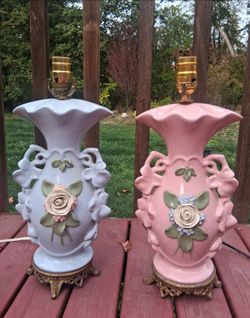 2 Set Antique Vintage Capodimonte Style Pink Blue Ceramic Floral Table Lamps Shabby Chic Decor