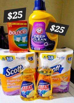Arm & Hammer Deep Clean 68 loads/102fl oz, Bounce 105 Count, 2 Scott Comfort Plus 6=18 Rolls, & 2 Ajax (28 oz Bottles) For $25