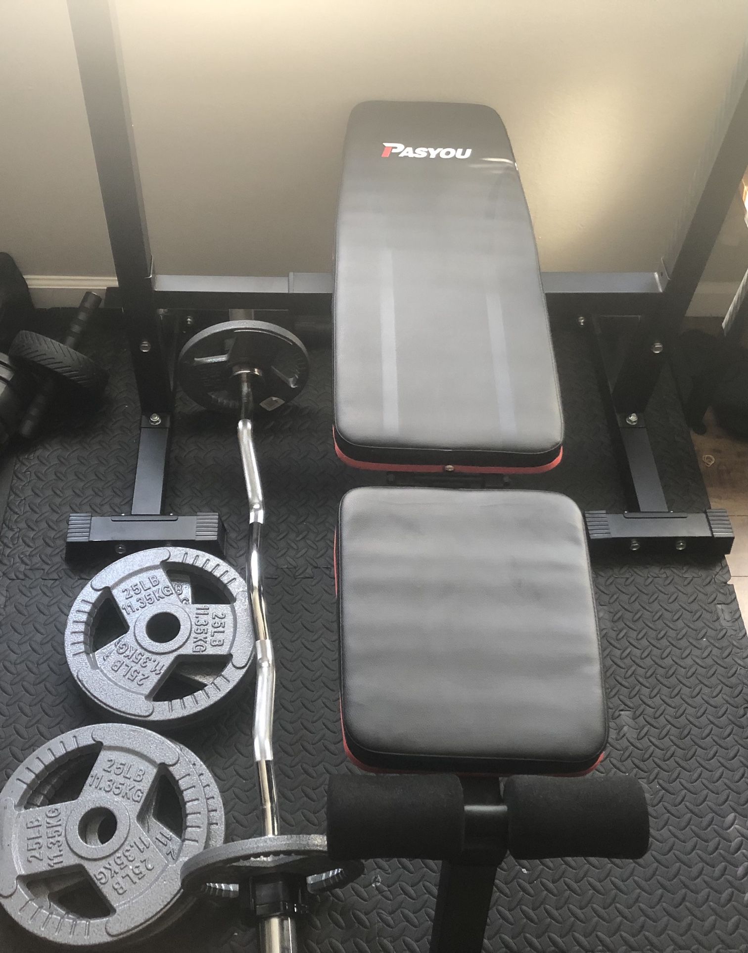 Home Work Equipment (Bench press, Olympic Barbell And Curl Bar W/ Weights)