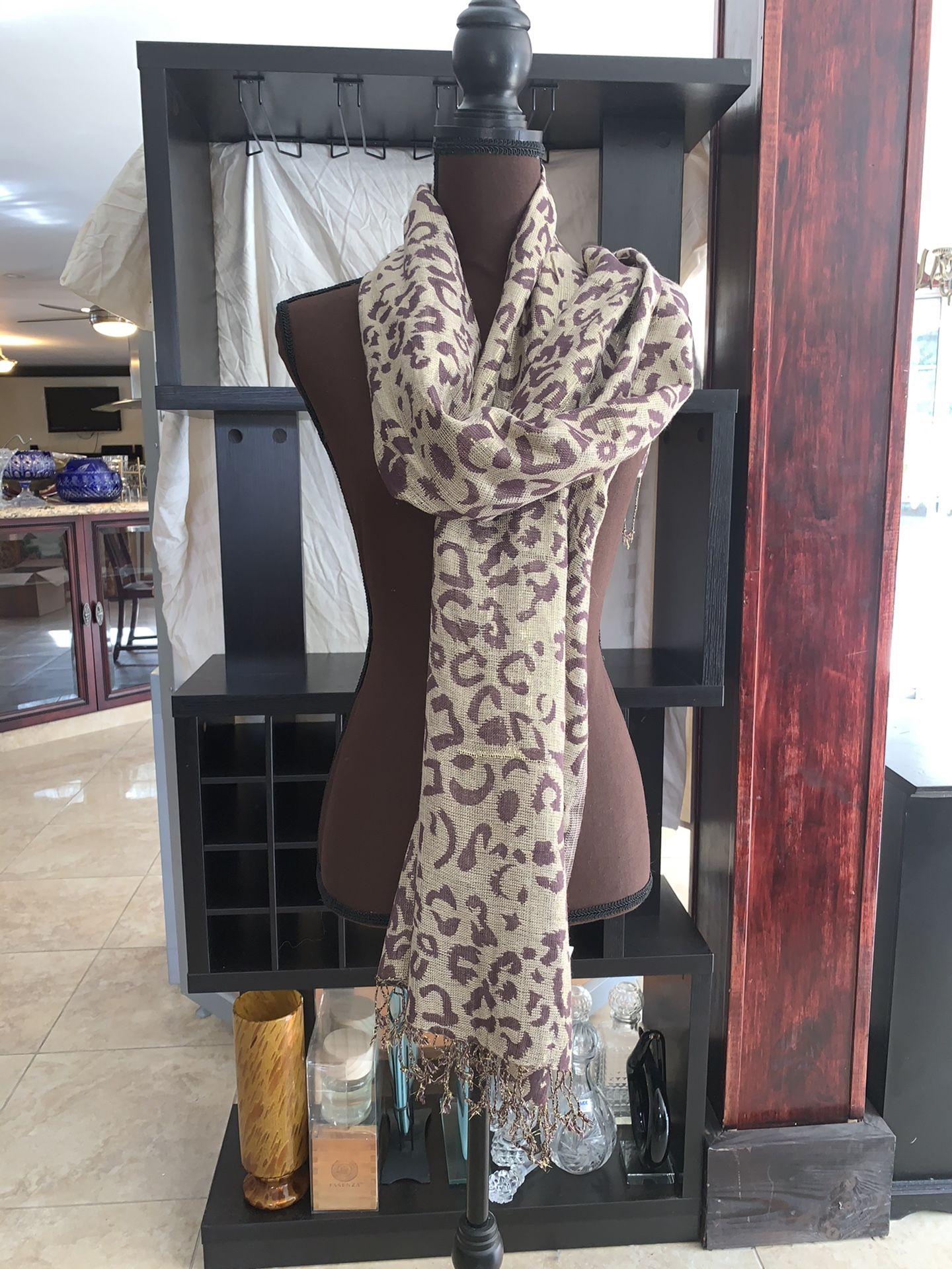 Panther print beige and purple fringed scarf/ shawl