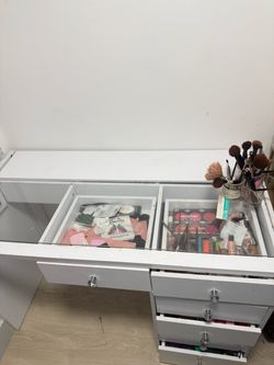 White Vanity Desk with Drawers and Glass Top