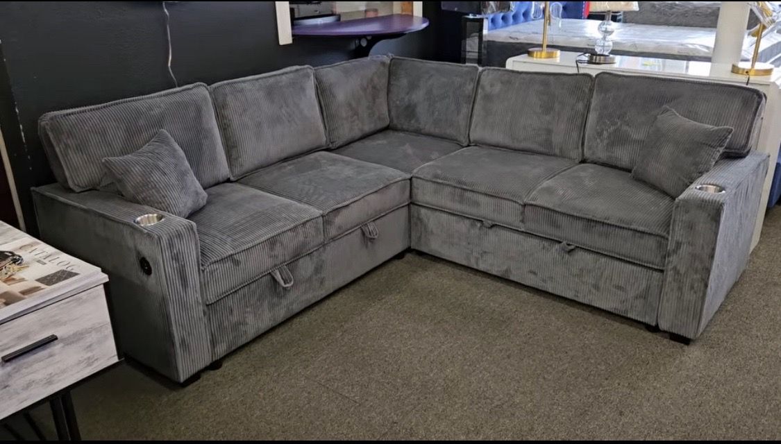 New 90x90 Sleeper Sectional Couch! USB, Cup Holders and Storage!