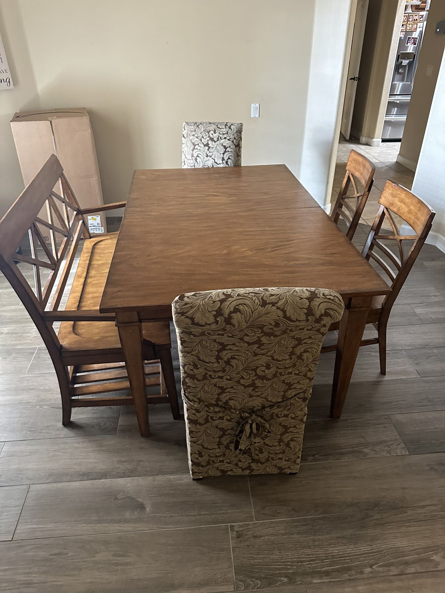 Ethan Allen Dining Table, Leaves, Chairs, And Bench