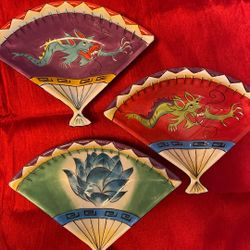 Set Of 3 "Clay Art" Ceramic Hand Painted Dragon & Lotus Flower Fan Snack Bowls