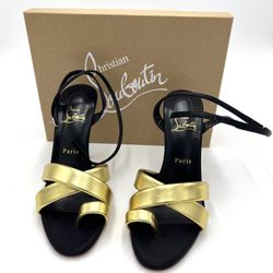 New In Box Christian Louboutin Just Me 100 Black Gold Sandal Ankle Strap Open Heel Pump Size 39