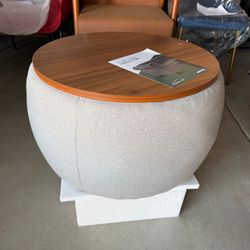 Morden Fort Ottoman Round Storage Coffee Table with Wooden Lid for Living Room, Circle Ottoman, Large Footrest, Grey