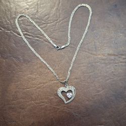 •  Vintage Silver Necklace  Stamped with Heart  Charm  Stamped and Pink Stone--