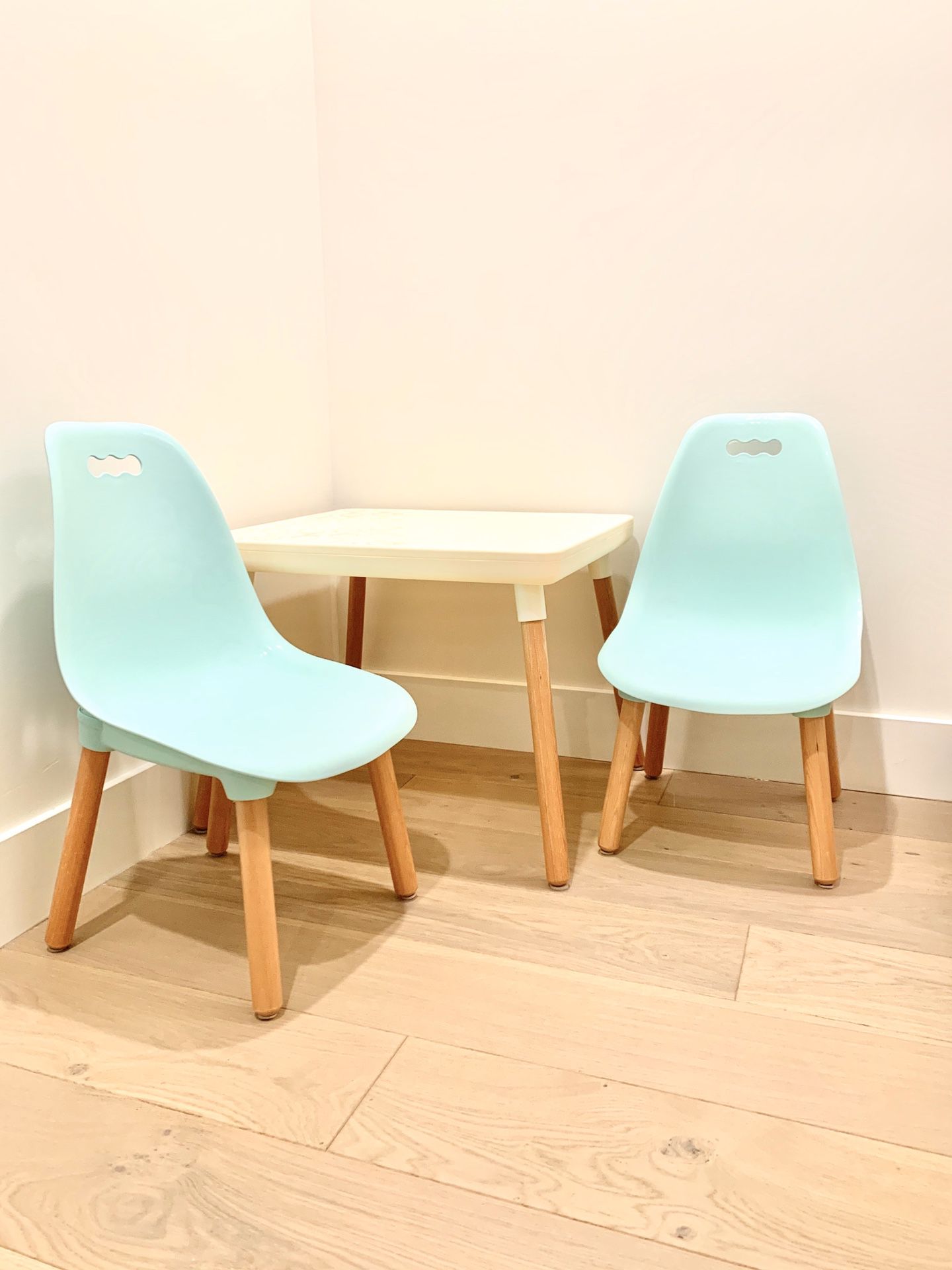 Modern kids table and chairs teal and wood