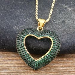 Exquisite Micro Pave 14K Gold Plated Emerald Green Cubic Zirconia Heart Shaped Pendant Necklace 