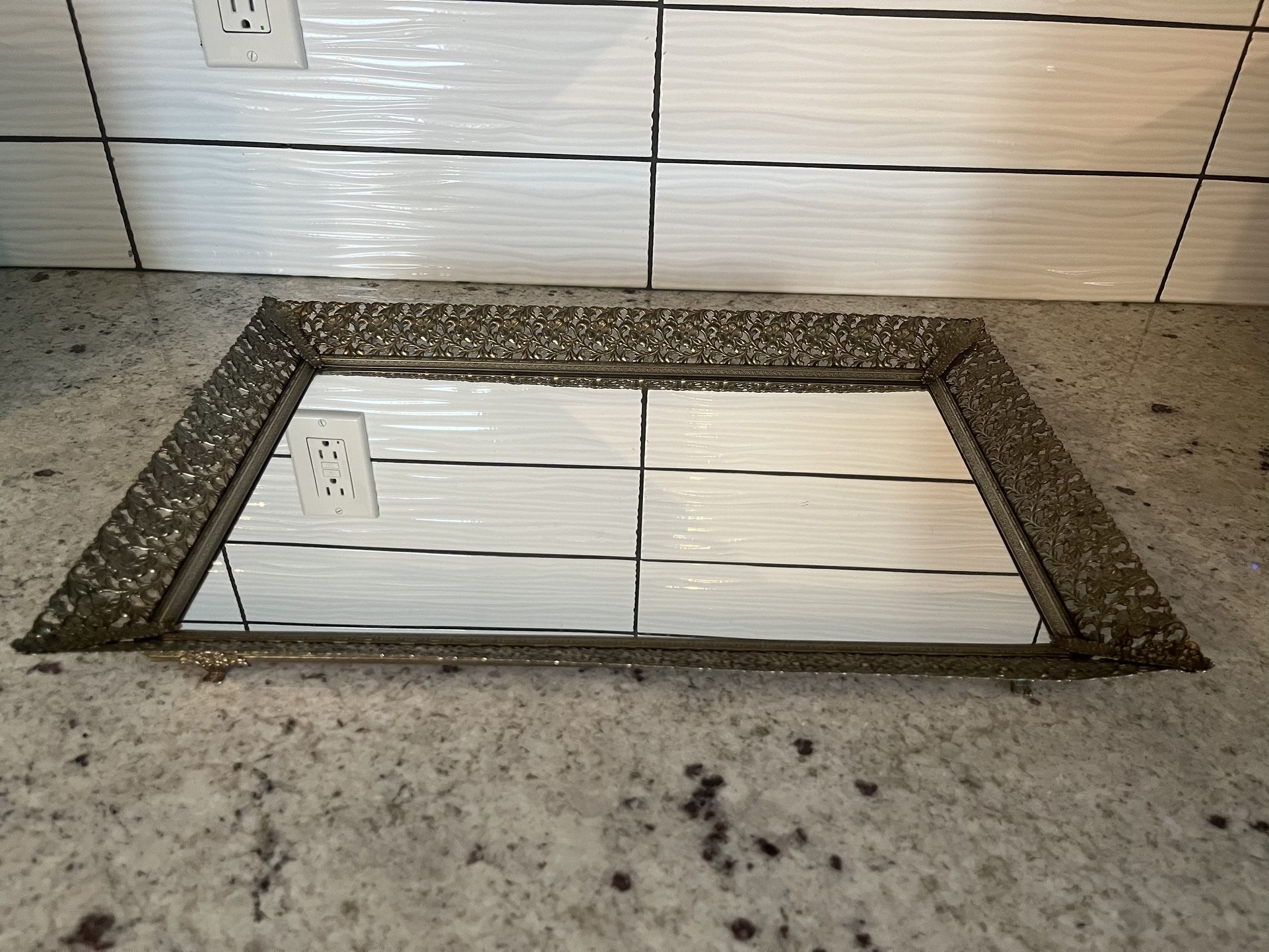 Vintage Gold Vanity Tray with Mirrored Glass and Ornate Filigree, Patina, Rectangular Tray