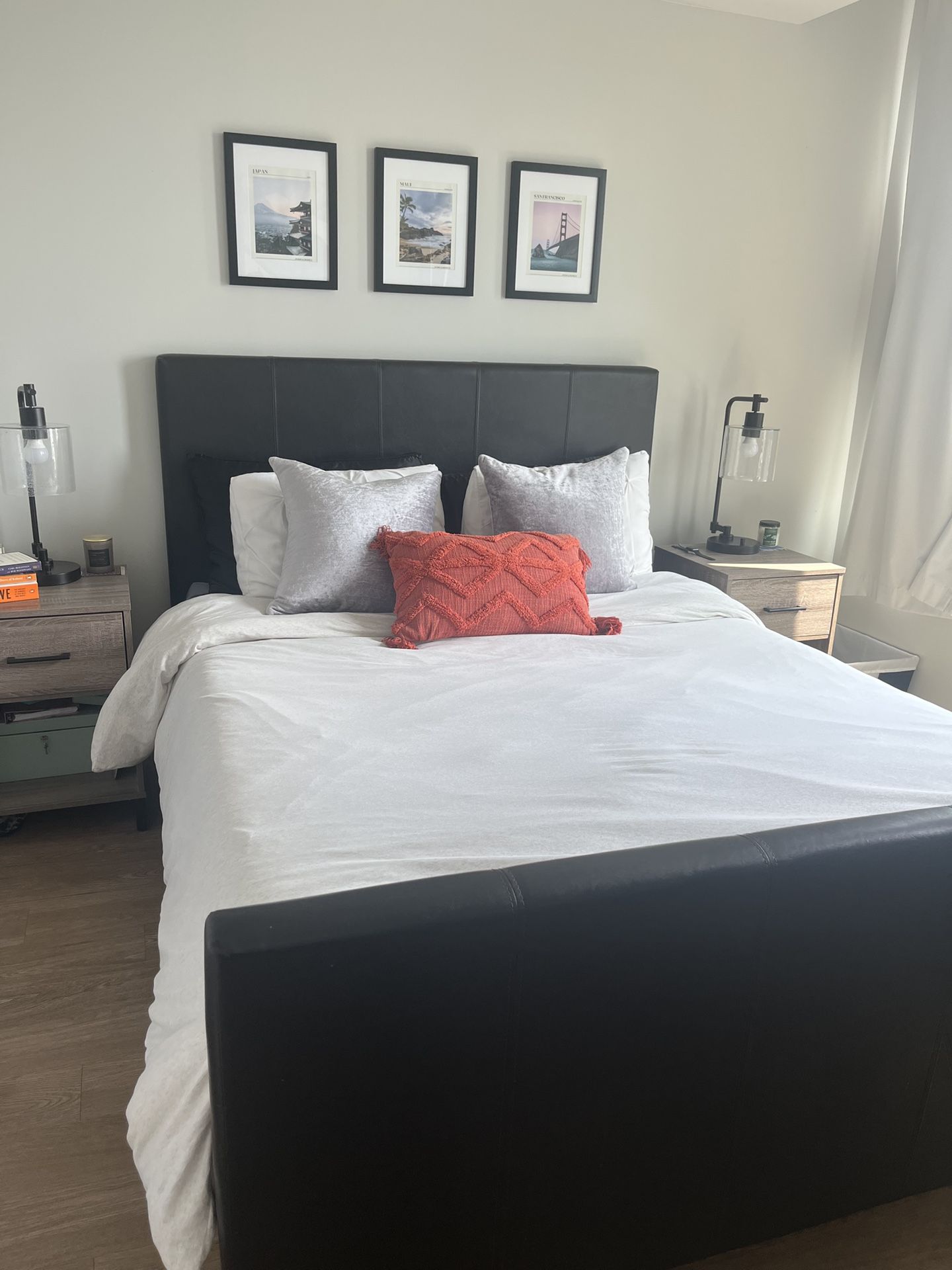 Crate and Barrel Queen Sized Bed Frame Dark Brown Leather