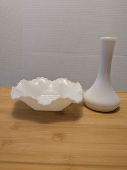 Vintage Lot Of 2 Items Milk Glass Vase  & Dish With Diamond Markings