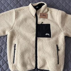 STUSSY 8 BALL BEIGE SHERPA FLEECE REVERSIBLE JACKET