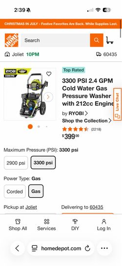 3300 PSI 2.4 GPM Cold Water Gas Pressure Washer Cha with 212cc Engine