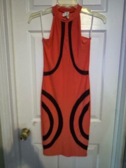 Coral Bodycon Midi Dress with Black Sheer Print