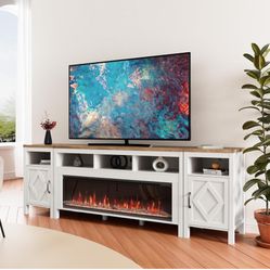 Up to 100 Inch,Farmhouse Entertainment Center with 50" Electric Fireplace,White TV Console with Storage Cabinets