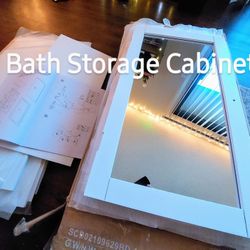 White bath storage cabinet with mirror open box