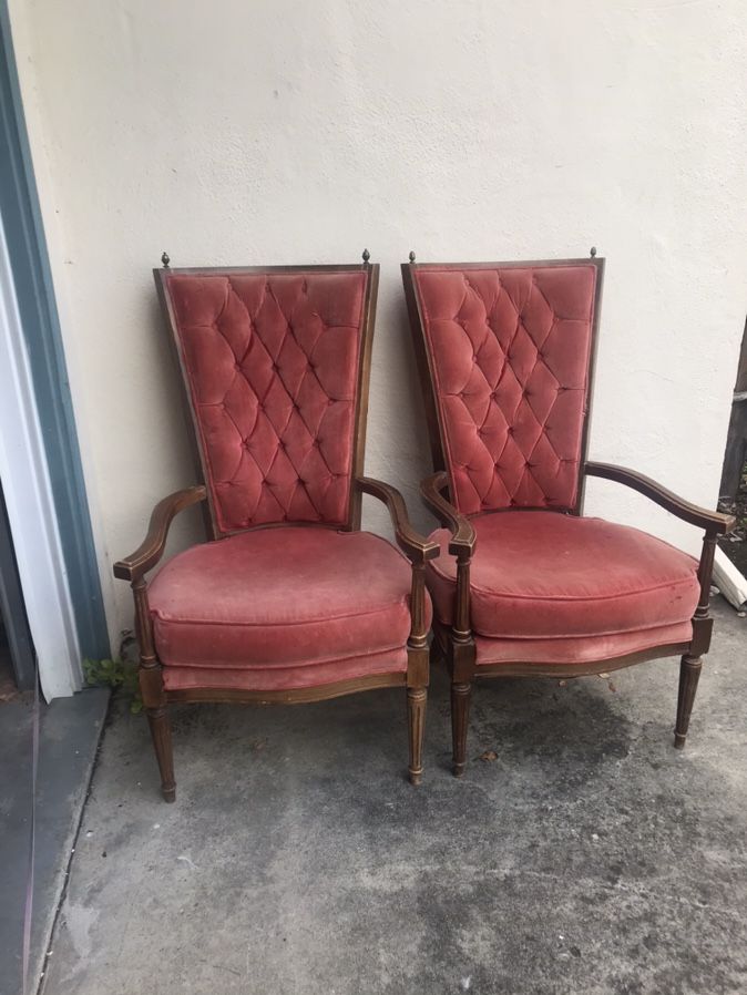 Pair Antique Vintage Red Tufted Velvet Chairs